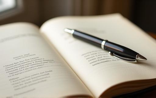 An open memorial book with a pen.